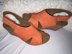 768 Clarks Collection Helio Float Papaya Orange Nubuck Cork Wedge Sandals